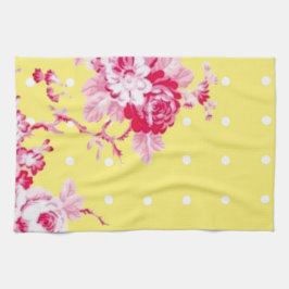 黄色のキッチンタオルにピンクのバラ キッチンタオル