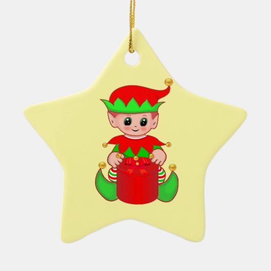 黄色のキュートなクリスマスエルフ セラミックオーナメント (正面)