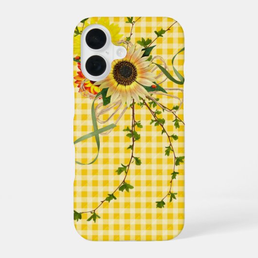 黄色のギンガムチェックのひまわり iPhone 16ケース (裏面)