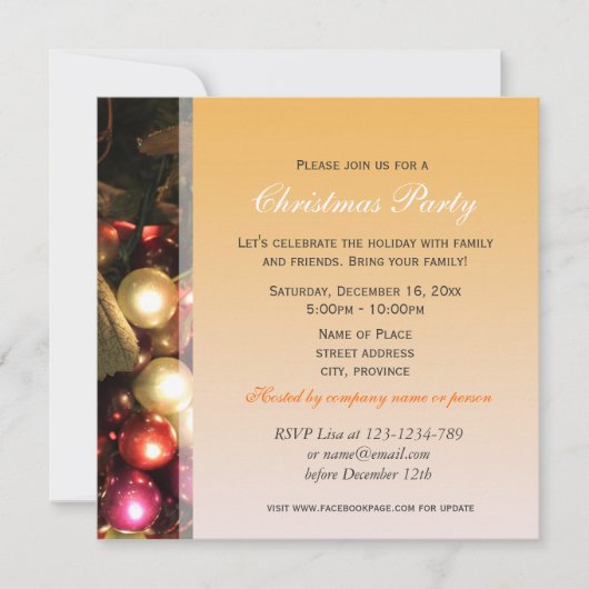 黄色のクリスマス装飾オーナメントパーティー 招待状 (正面)