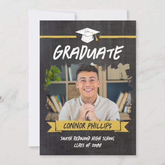 黄色のクール黒板の卒業写真 案内状 (正面)