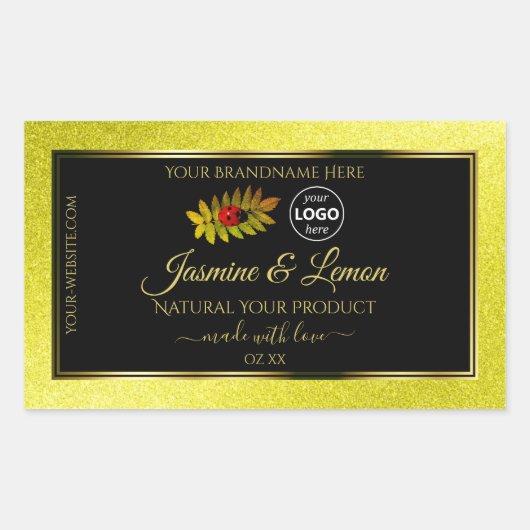 黄色のグリッターブラック製品ラベルLadybugロゴ 長方形シール (正面)