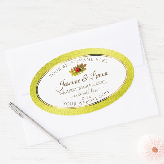 黄色のグリッター白い製品ラベルとLadybug 楕円形シール (封筒)