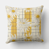 黄色のグリッドの背景に白ストライプのいデイジー クッション (裏面)