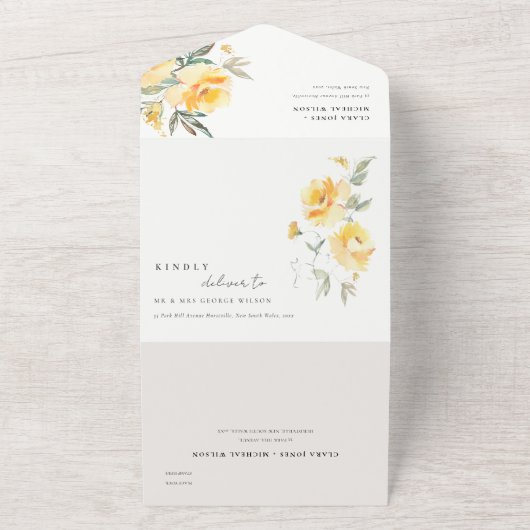 黄色のグリーンウォーターカラーローズの花束 ウェディング オールインワン招待状 (外側)