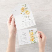 黄色のグリーンウォーターカラーローズの花束 ウェディング オールインワン招待状 (貼ってはがせる)