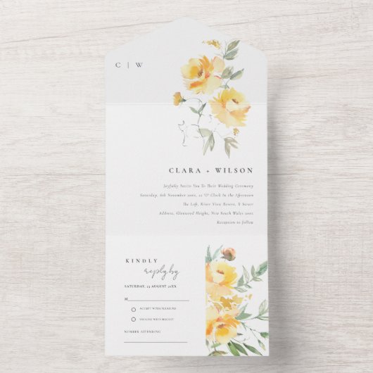 黄色のグリーンウォーターカラーローズの花束 ウェディング オールインワン招待状 (内側)