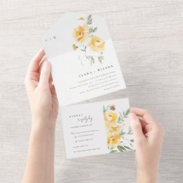 黄色のグリーンウォーターカラーローズの花束 ウェディング オールインワン招待状