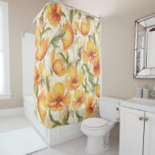 黄色のケシ:手描きの水色パターン。 シャワーカーテン (インサイチュ)