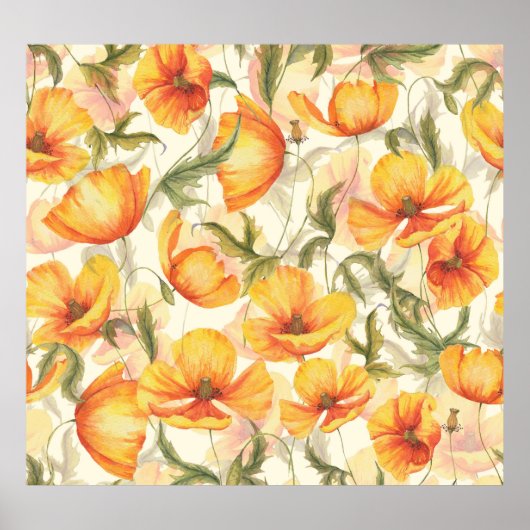 黄色のケシ：手描きの水色パターン。 ポスター (正面)