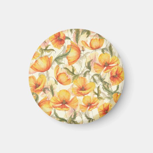 黄色のケシ:手描きの水色パターン。 マグネット (正面)