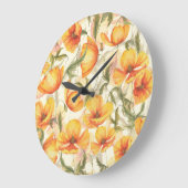 黄色のケシ：手描きの水色パターン。 ラージ壁時計 (傾斜)