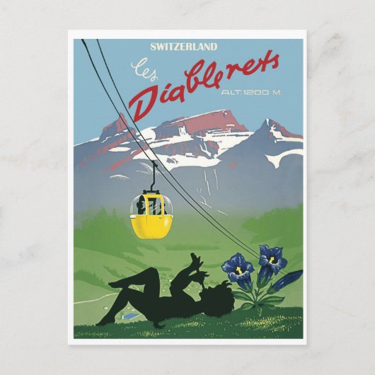 黄色のケーブルカーDiablerets山、ヴィンテージ ポストカード (正面)