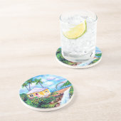 黄色のコテージと滝 コースター (側面)