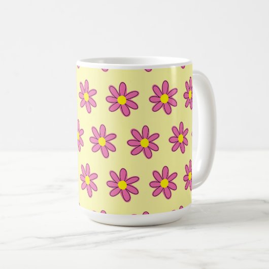 黄色のコーヒーマグにピンクの花 コーヒーマグカップ (正面右)