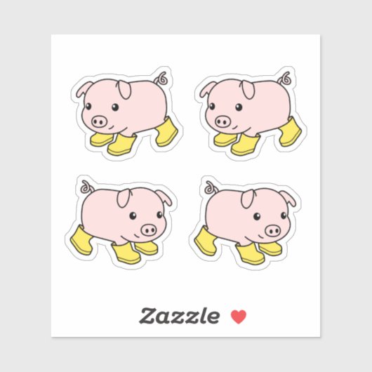黄色のゴムブーツの可愛い子豚、4のセット シール (シート)