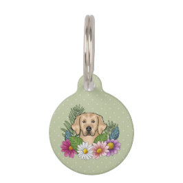 黄色のゴールデンレトリバーの犬の色とりどりの花と緑 ペット ネームタグ