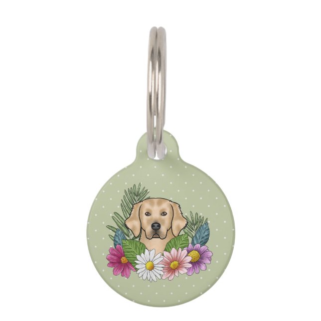 黄色のゴールデンレトリバーの犬の色とりどりの花と緑 ペット　ネームタグ (正面)