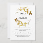 黄色のゴールドの葉の水彩画のリース ウェディング 招待状 (正面)