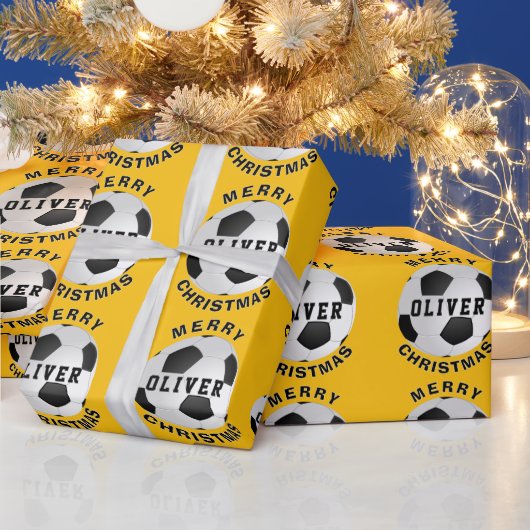 黄色のサッカーボール 子供の名前 クリスマス ラッピングペーパー (クリスマス)