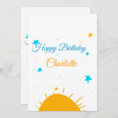 黄色のサンブルー星ハッピーバースデー追加の名前文字 シーズンカード (正面/裏面)