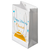 黄色のサンブルー星ハッピーバースデー追加の名前文字 スモールペーパーバッグ (正面アングル)