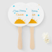 黄色のサンブルー星ハッピーバースデー追加の名前文字 ハンドファン (正面&裏面)