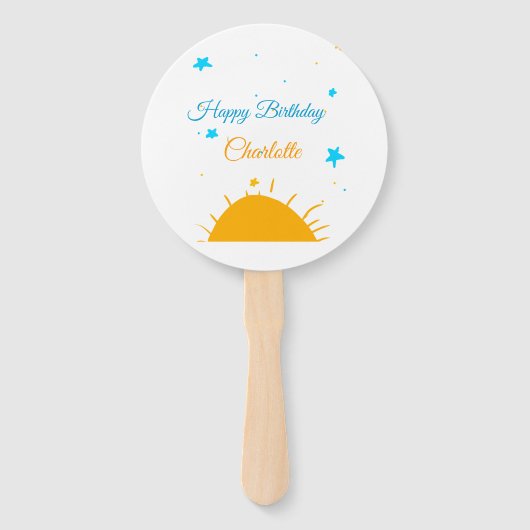 黄色のサンブルー星ハッピーバースデー追加の名前文字 ハンドファン (正面)