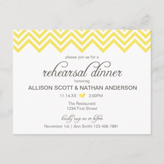 黄色のシェブロンリハーサルディナー招待状ポストカード インビテーションポストカード (正面)