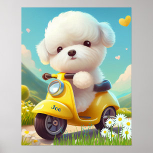 黄色のスクーターアートに乗ってかわいい白い子犬 ポスター