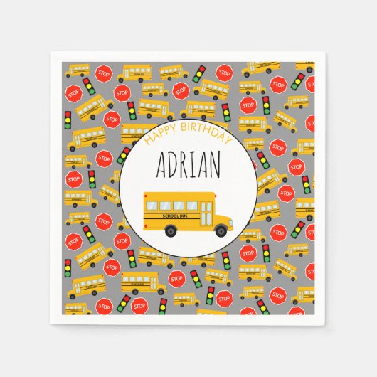 黄色のスクールバスストップのサイン信号誕生日 スタンダードカクテルナプキン (正面)