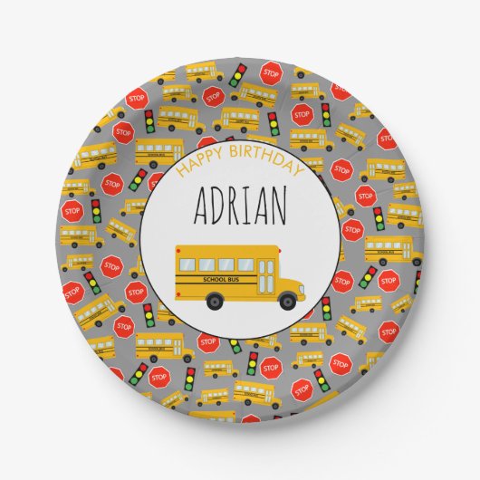 黄色のスクールバスストップのサイン信号誕生日 ペーパープレート (正面)