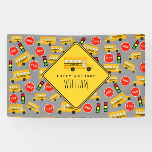 黄色のスクールバスストップのサイン信号誕生日 横断幕 (横)