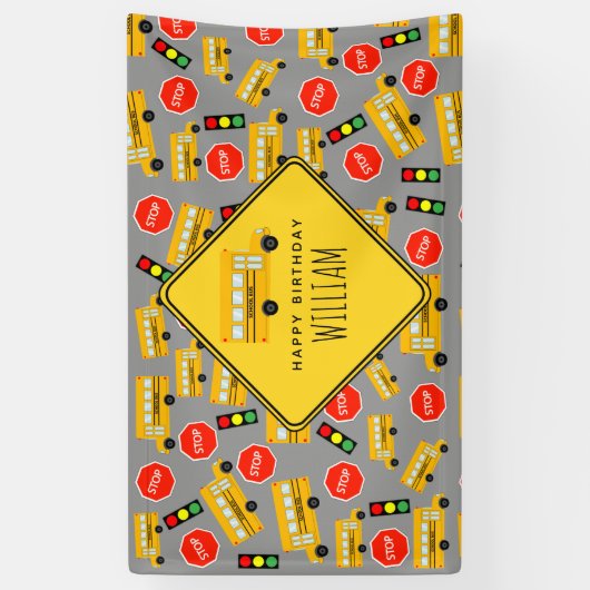 黄色のスクールバスストップのサイン信号誕生日 横断幕 (縦)