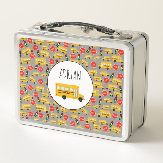 黄色のスクールバストップスサイン信号パターン メタルランチボックス (裏面)