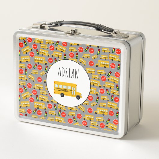 黄色のスクールバストップスサイン信号パターン メタルランチボックス (正面)