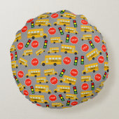 黄色のスクールバストップスサイン信号パターン ラウンドクッション (裏面)