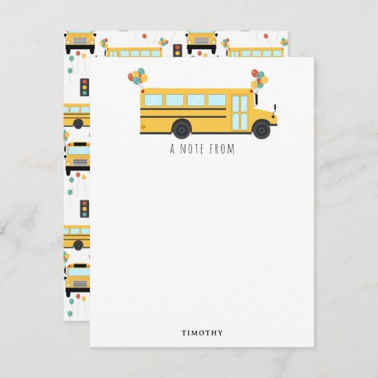 黄色のスクールバスパーティーキッズネーム ノートカード (正面/裏面)
