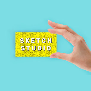 黄色のスケッチ エンボス加工 手描きライン 名刺
