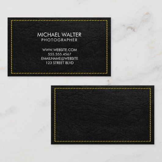 黄色のステッチされた黒い革の背景 名刺 (正面/裏面)