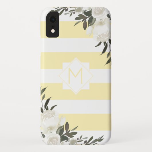 黄色のストライプのフローラモノグラムと白のバラ Case-Mate iPhoneケース (裏面)