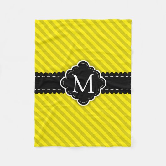 黄色のストライプパターン黒のカスタムのモノグラム フリースブランケット (正面)