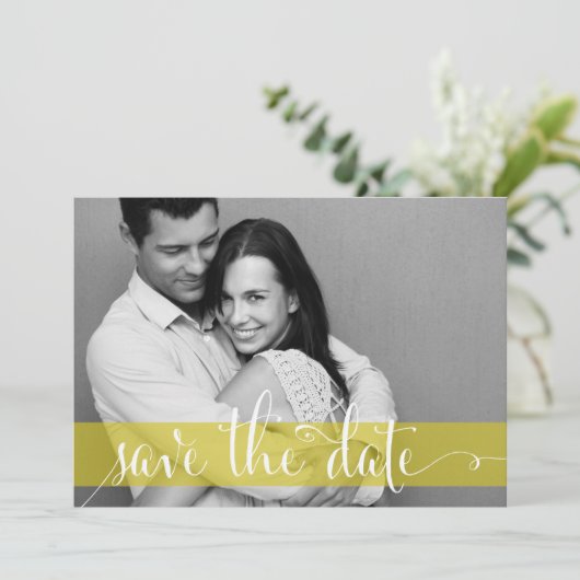 黄色のストライプ写真の発表日を保存 招待状 (スタンド正面)