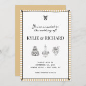 黄色のストライプ枠の結婚式予定日お知らせ招待状 招待状 (正面/裏面)