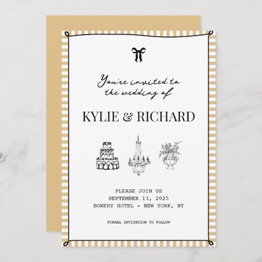 黄色のストライプ枠の結婚式予定日お知らせ招待状 招待状 (正面/裏面)