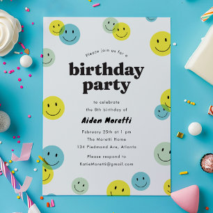 黄色のスマイリーなハッピーな顔の子供の誕生日パーティー 招待状