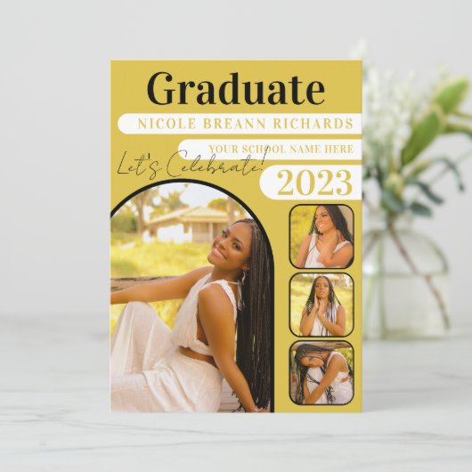 黄色のタイポグラフィ写真の卒業発表 招待状 (スタンド正面)