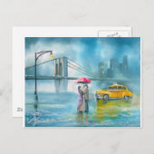 黄色のタクシー夫婦の雨の日ロマンチックなカップル ポストカード (正面/裏面)