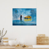 黄色のタクシー雨の日ロマンチック絵画カップル ポスター (キッチン)