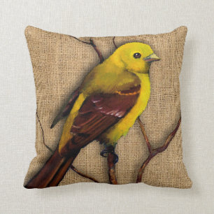 黄色のタネガ鳥オンバーラップ、枝、絵 クッション